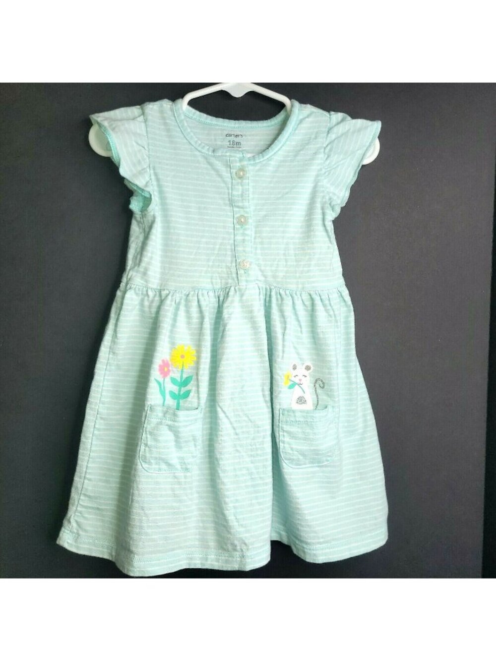 Carter's Girls Spring Summer Dress 18M Mint Green Stripes Pockets Ruffles Easter